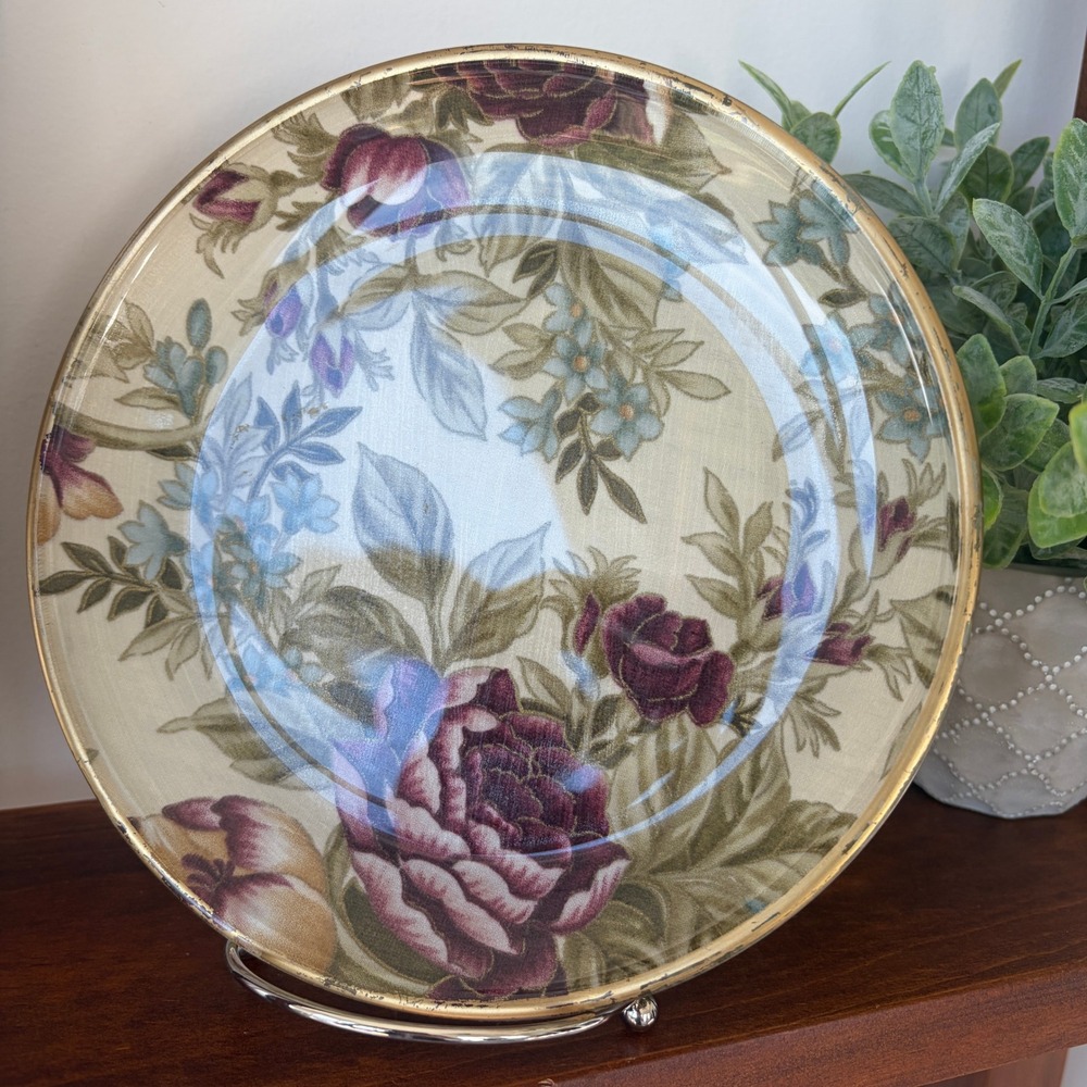 Vintage Signed Floral Decorative Plate Burgundy Roses Gold Rim 8 Inch - Picture 6 of 6